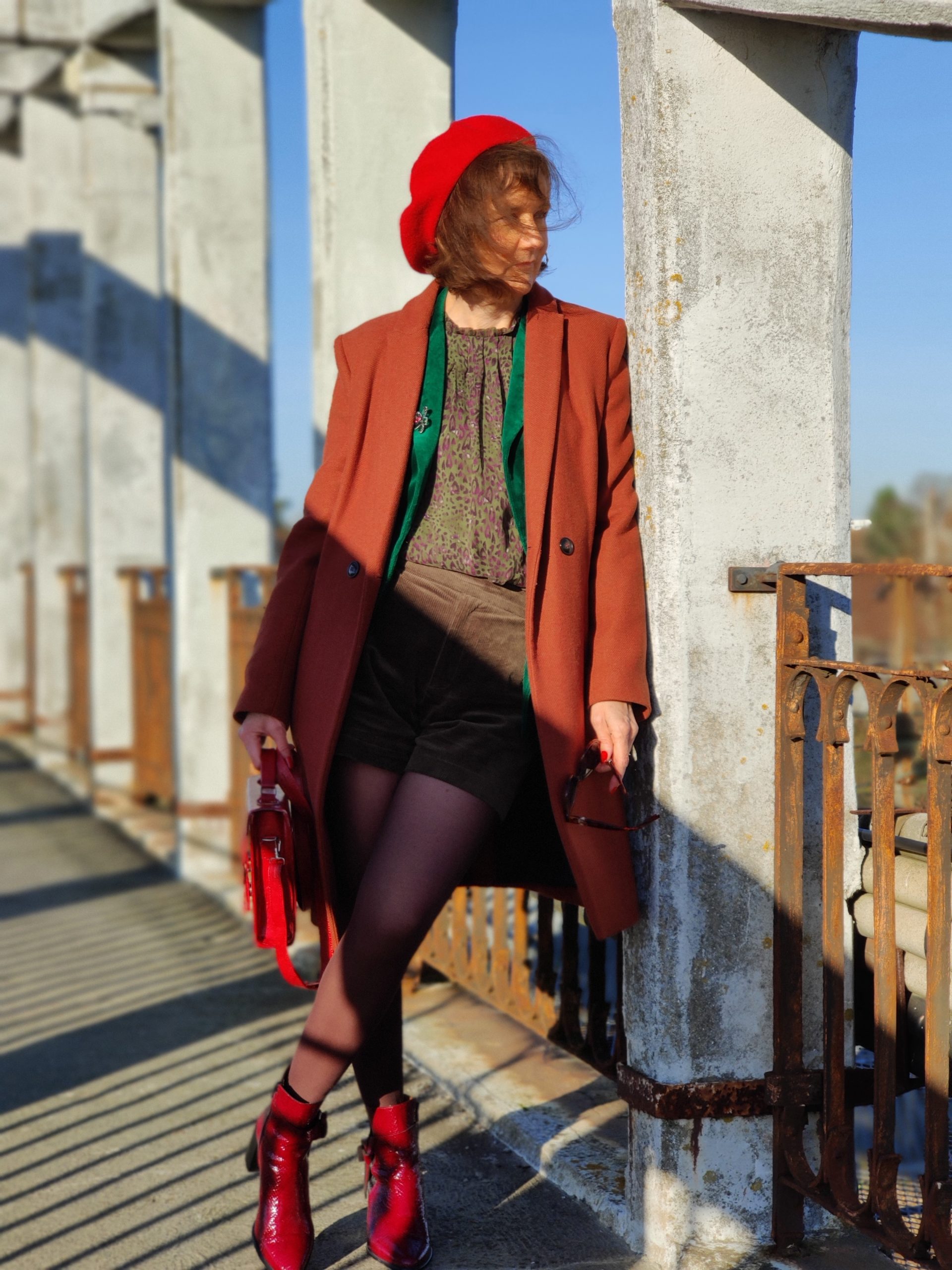 Bold Red Accents on a Rust and Green Ensemble Bold Red Accents on a Rust and Green Ensemble β Dressy Winter Outfits