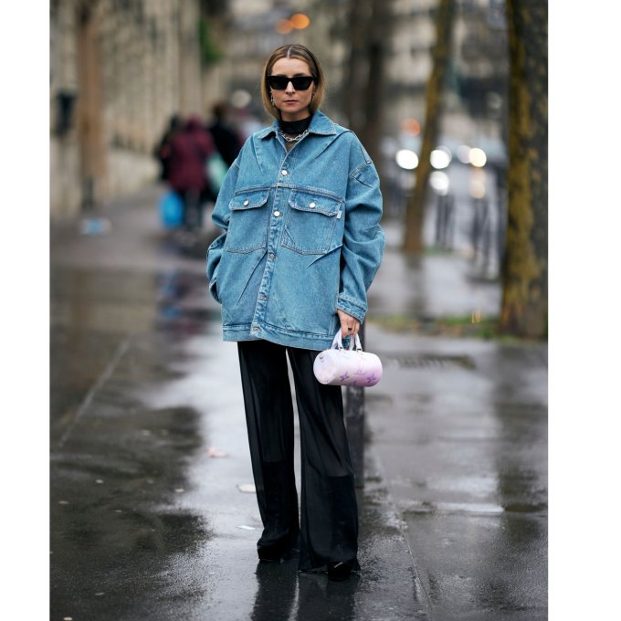 Oversized Denim Jacket with Sheer Pants Oversized Denim Jacket with Sheer Pants β Winter to Spring Transition Outfits