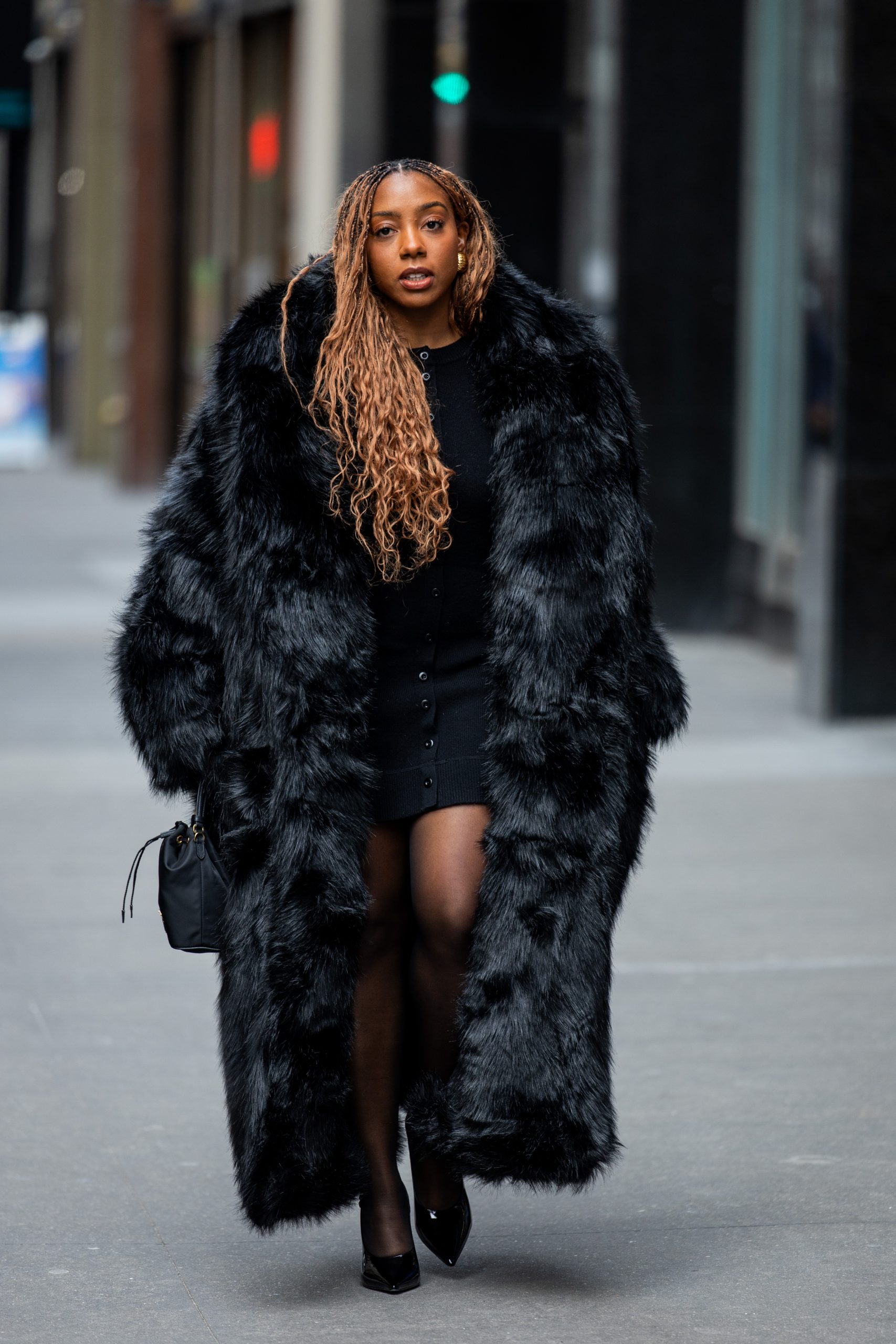 Dramatic Faux Fur Coat Over Knit Mini Dress Dramatic Faux Fur Coat Over Knit Mini Dress β Winter Date Night Outfits