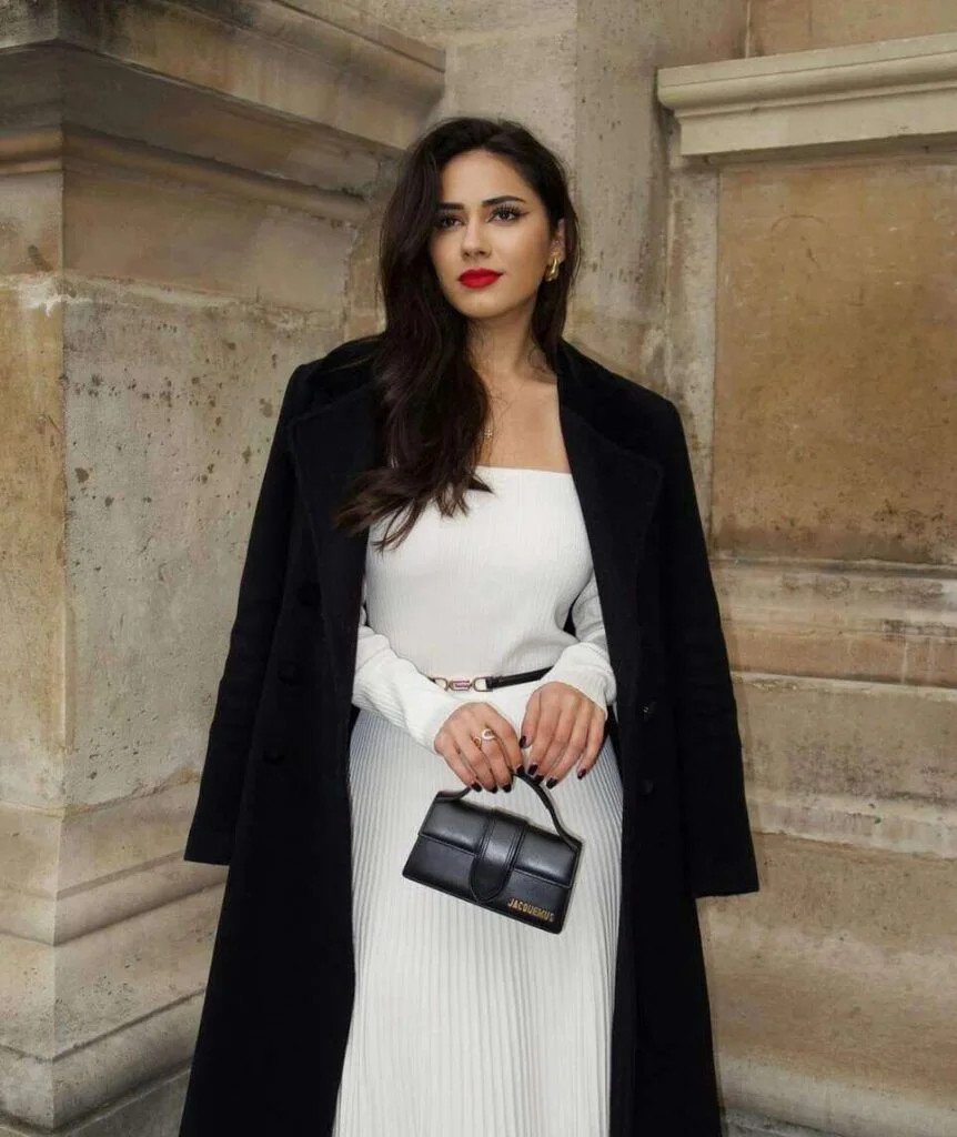 Classic Black Coat with Ribbed White Midi Dress Classic Black Coat with Ribbed White Midi Dress β Winter Date Night Outfits