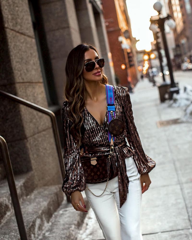 Metallic Wrap Top with Crisp White Trousers Metallic Wrap Top with Crisp White Trousers β Winter Going Out Outfits