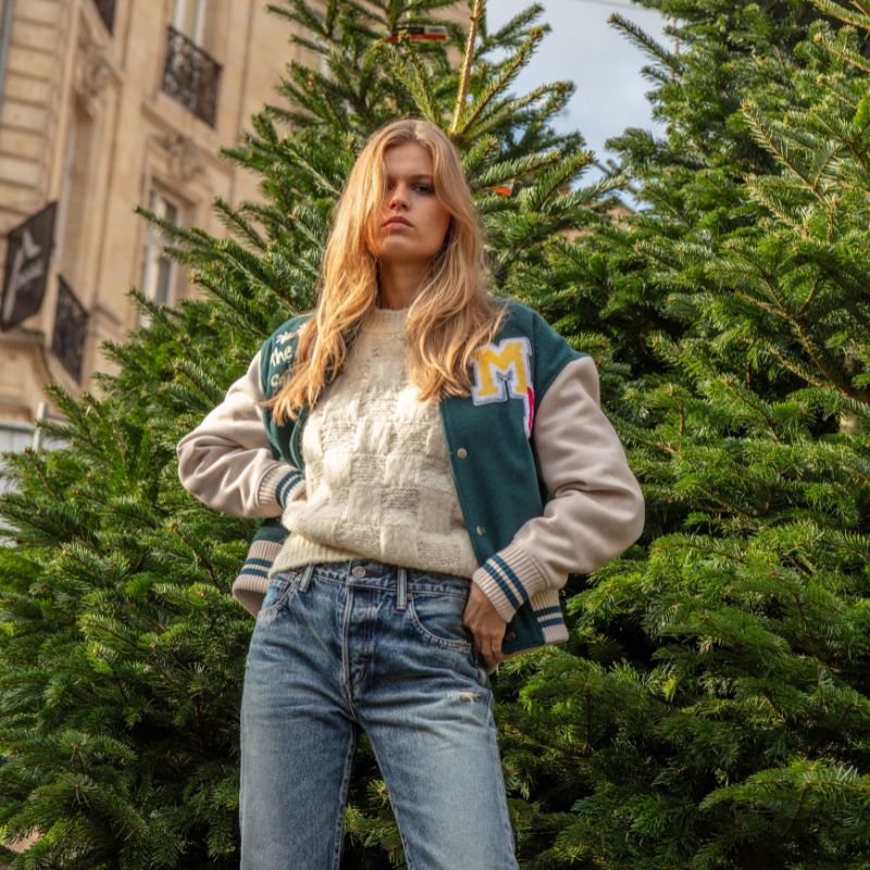 Varsity Jacket Over Knitwear for a Casual Dinner — Winter Dinner Outfits