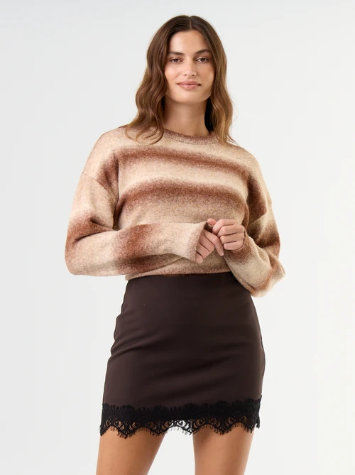 Striped Knit Sweater and Lace Skirt for a Textured Dinner Look — Winter Dinner Outfits