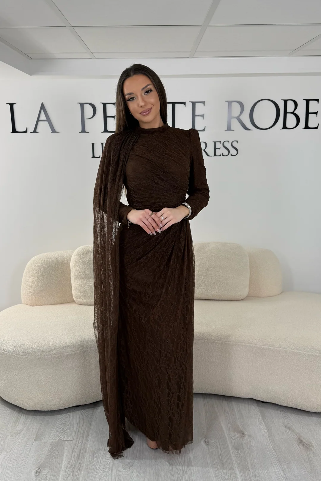 Lace Maxi Dress with Draped Overlay for Formal Dinner — Winter Dinner Outfits