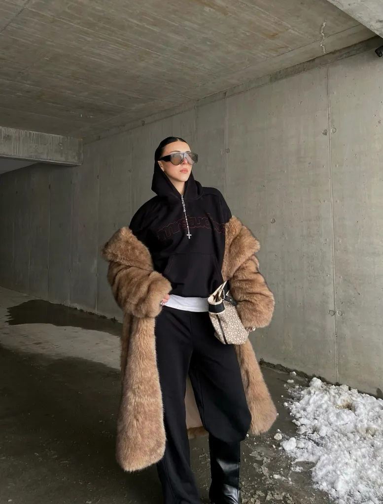 Faux Fur Coat Over Hoodie for a Casual Yet Luxe Brunch — Winter Brunch Outfits