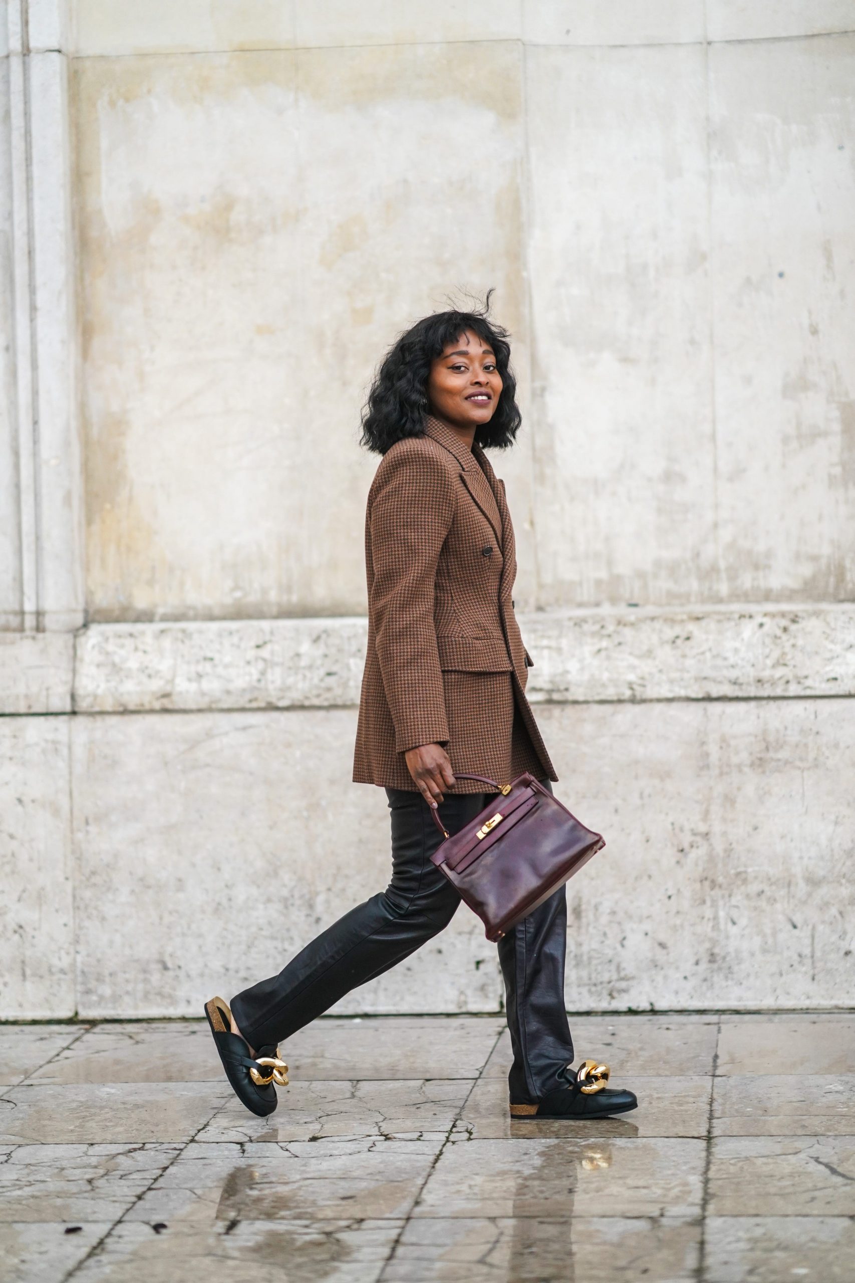 Plaid Blazer and Leather Pants for a Polished Brunch Ensemble — Winter Brunch Outfits