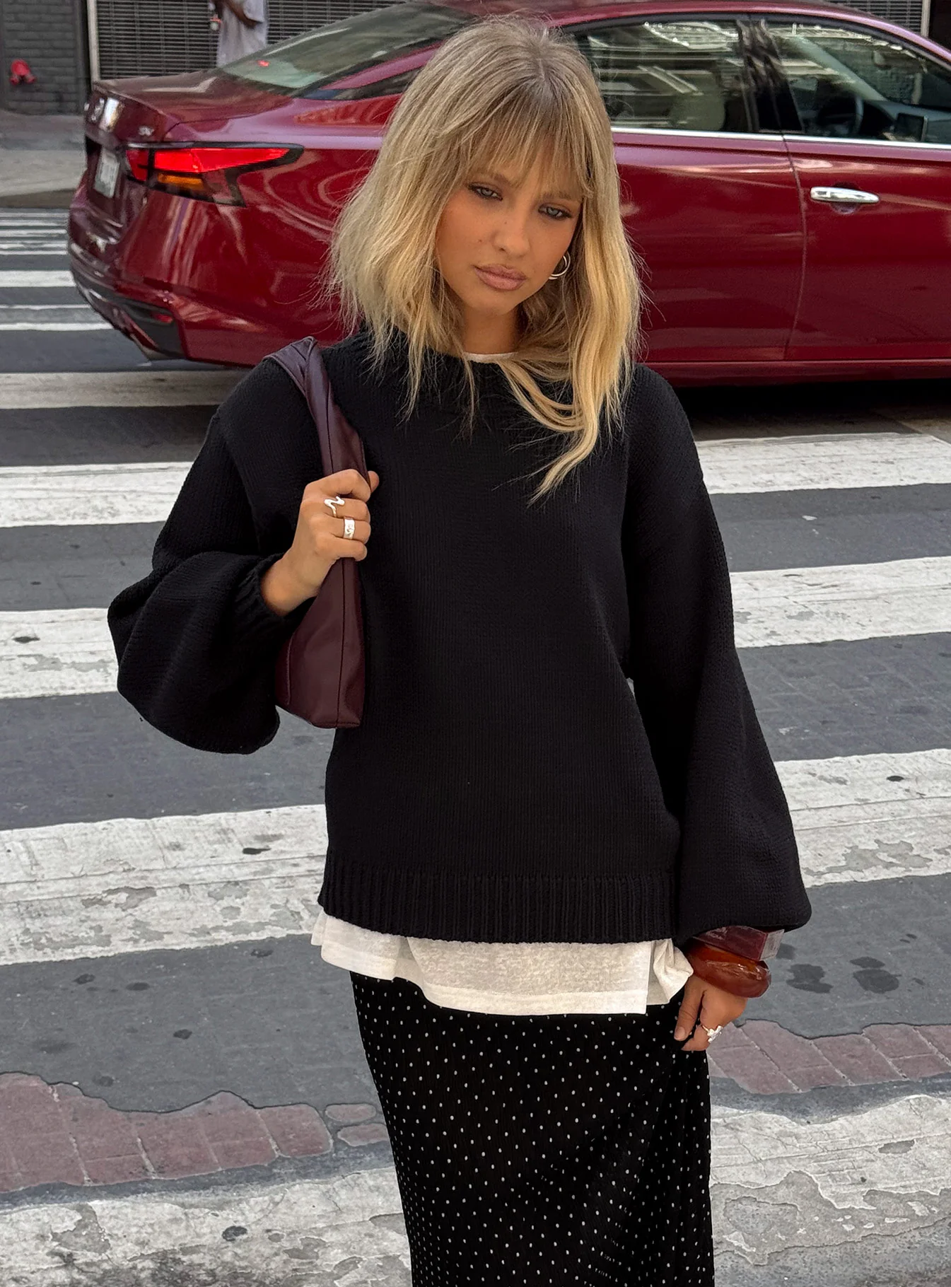 Voluminous Sleeve Sweater and Midi Skirt for a Brunch Date — Winter Brunch Outfits