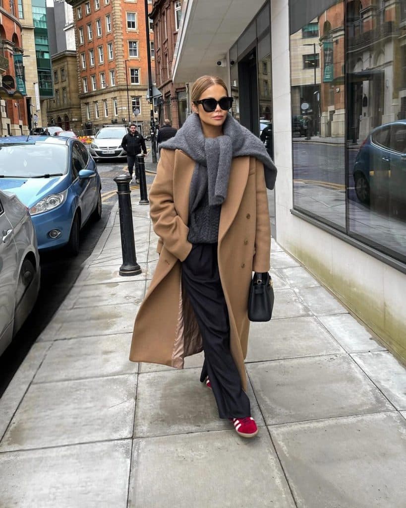 Camel Coat and Red Sneakers for a Pop of Color Brunch — Winter Brunch Outfits