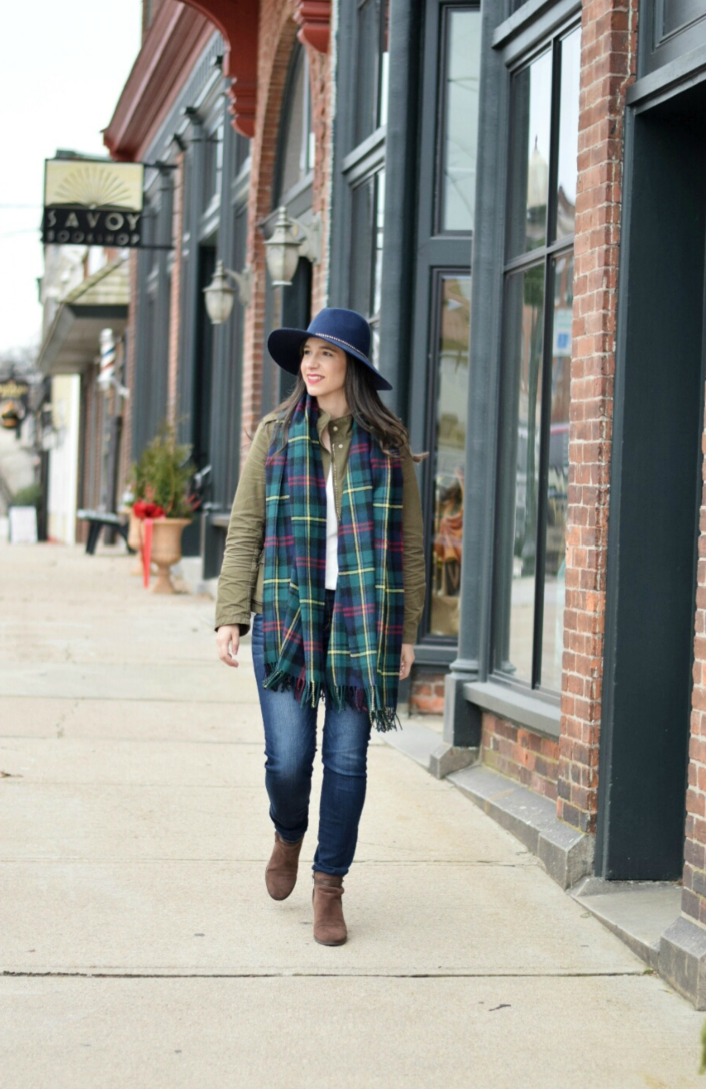 Utility Jacket and Jeans with a Statement Scarf Utility Jacket and Jeans with a Statement Scarf β Winter Teacher Outfits