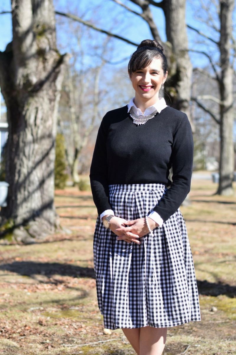 Classic Crewneck and Gingham Skirt Combination Classic Crewneck and Gingham Skirt Combination β Winter Teacher Outfits
