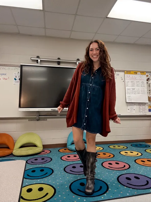 Denim Dress Under a Textured Knit Cardigan Denim Dress Under a Textured Knit Cardigan β Winter Teacher Outfits