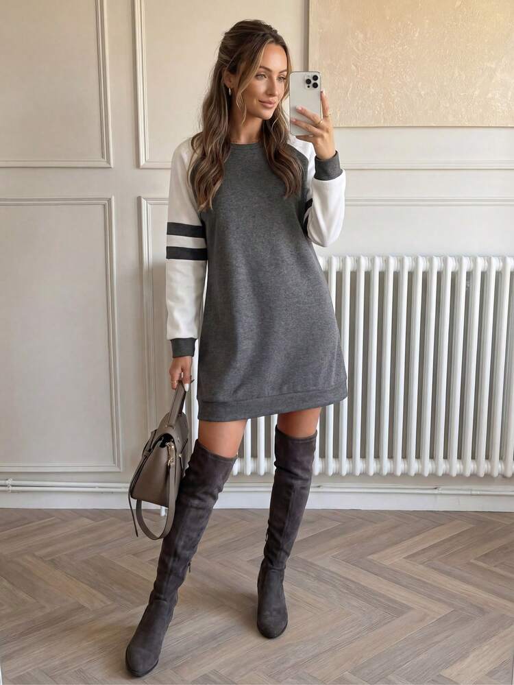 Sweatshirt Dress Elevated by Over-the-Knee Boots Sweatshirt Dress Elevated by Over-the-Knee Boots β Winter Teacher Outfits