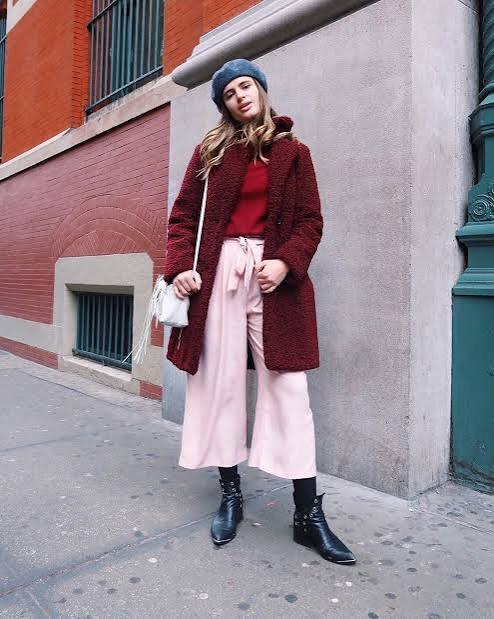 Burgundy Coat Over Red Sweater and Pink Pants — Cute Winter Outfits