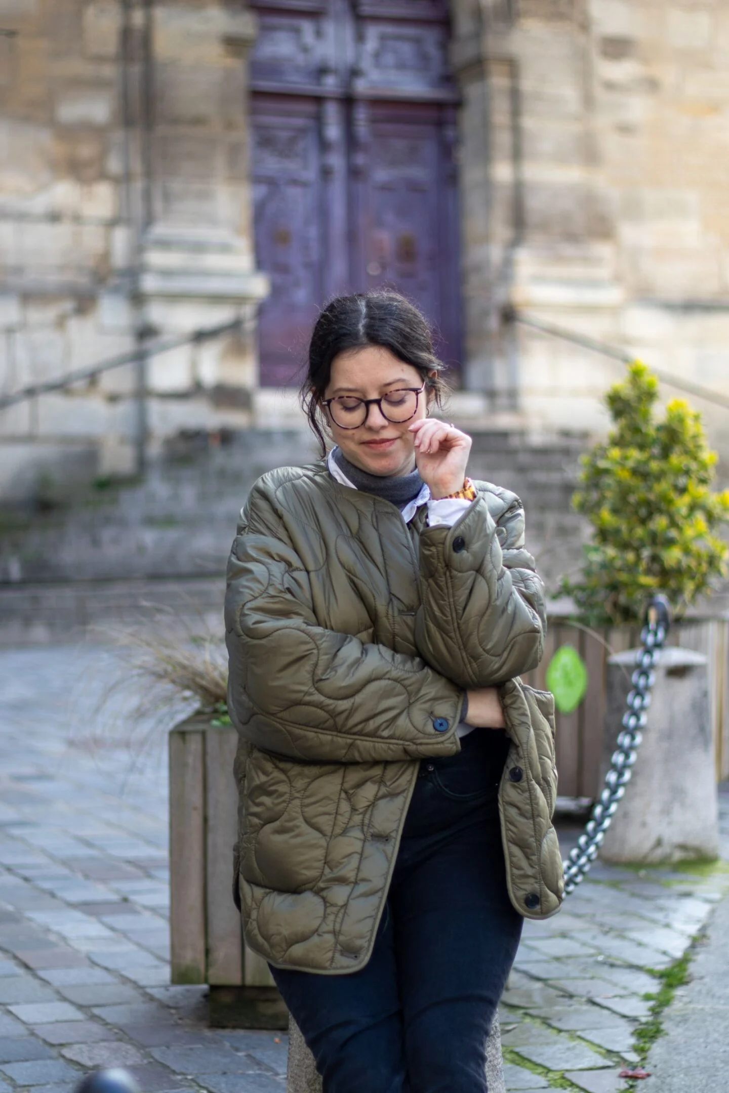 Olive Green Quilted Jacket Over White Shirt — Cute Winter Outfits