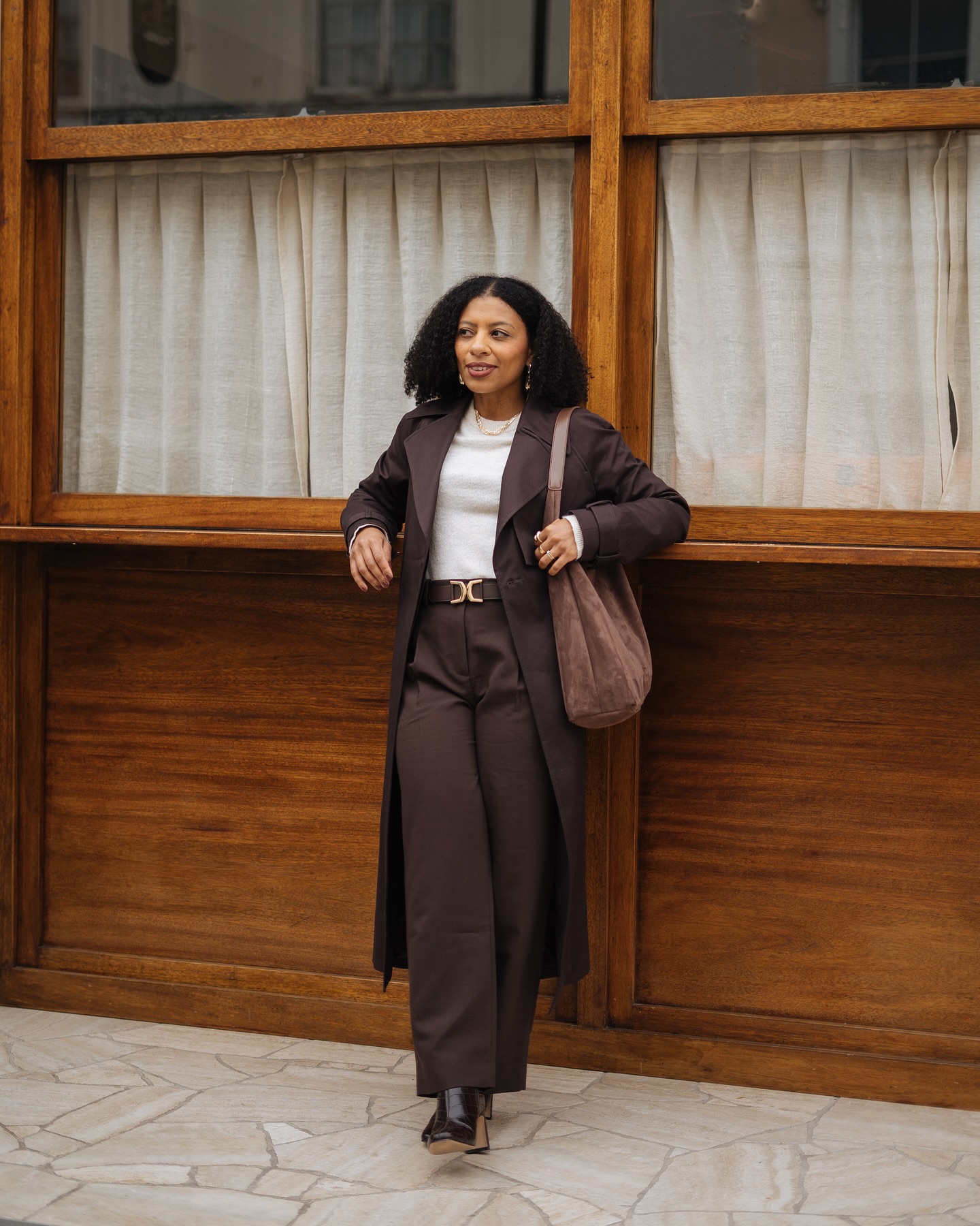 Monochromatic Brown Trench Coat and Wide-Leg Trousers — Cute Winter Outfits