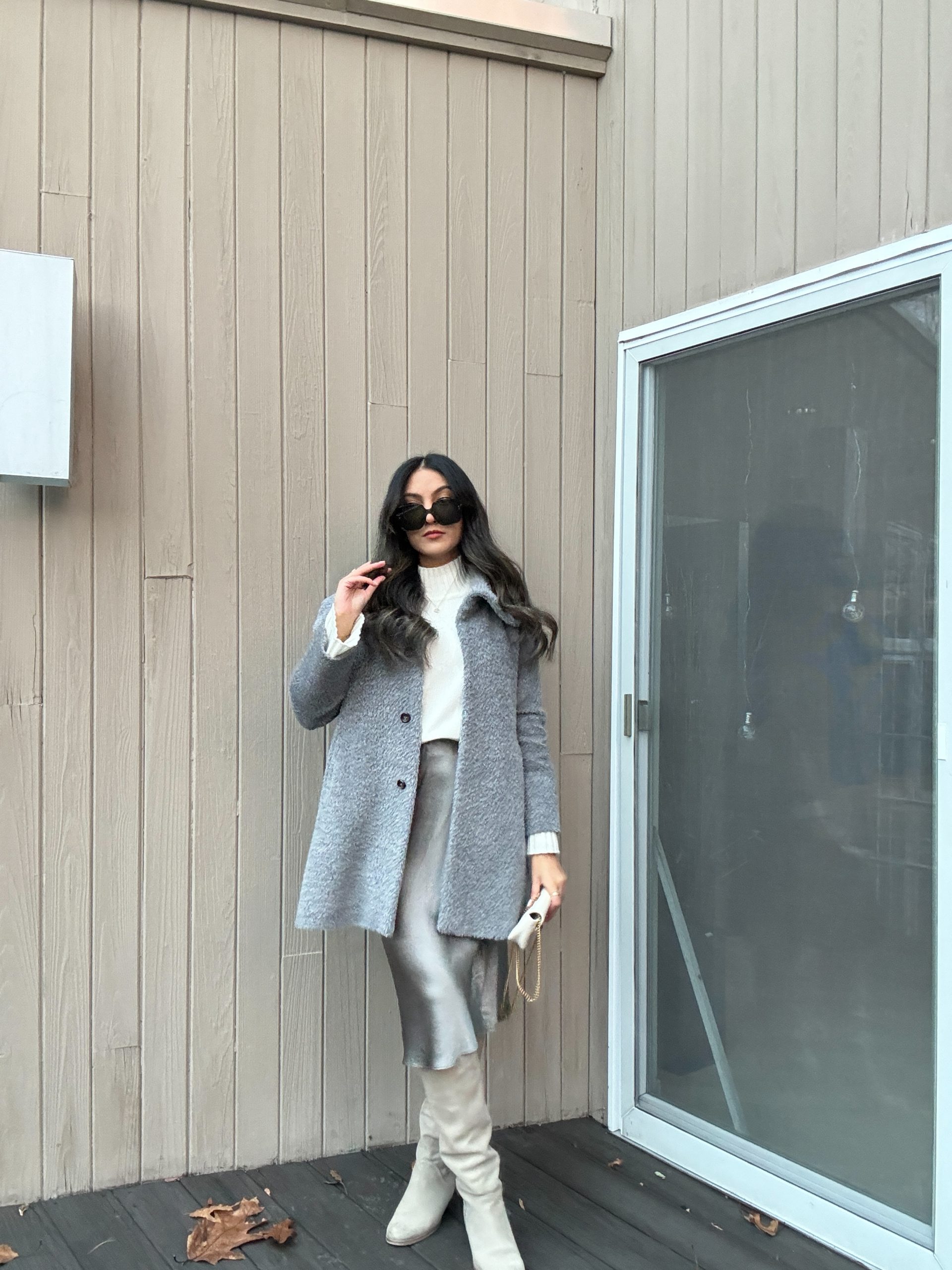 Casual Daytime Textured Grey Coat with Shimmering Satin Skirt — Cute Winter Outfits