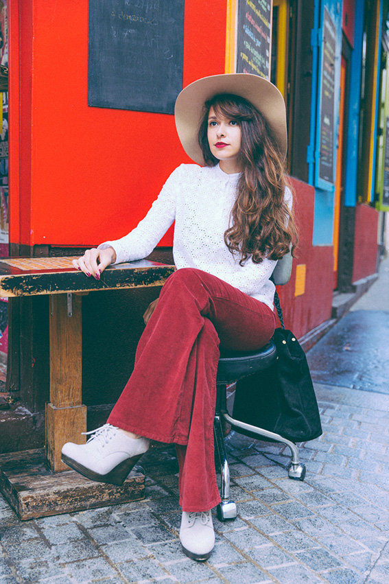 Wide-Leg Red Corduroy Pants with Eyelet Top — Cute Winter Outfits