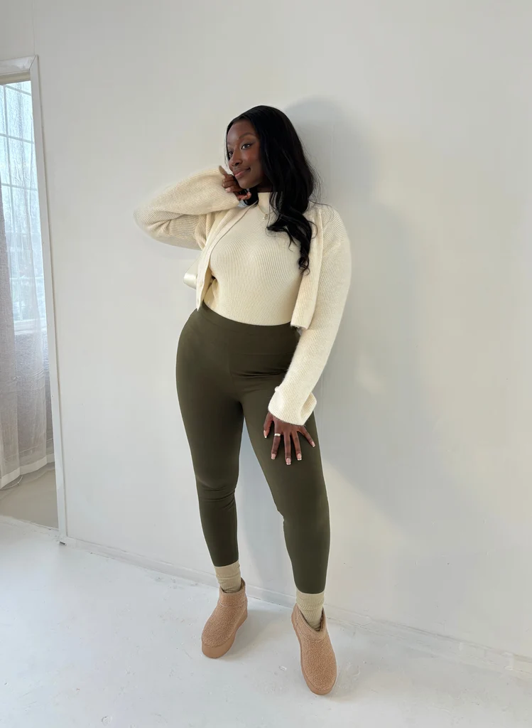 Cream Ribbed Knit Set with Olive Leggings — Cute Winter Outfits