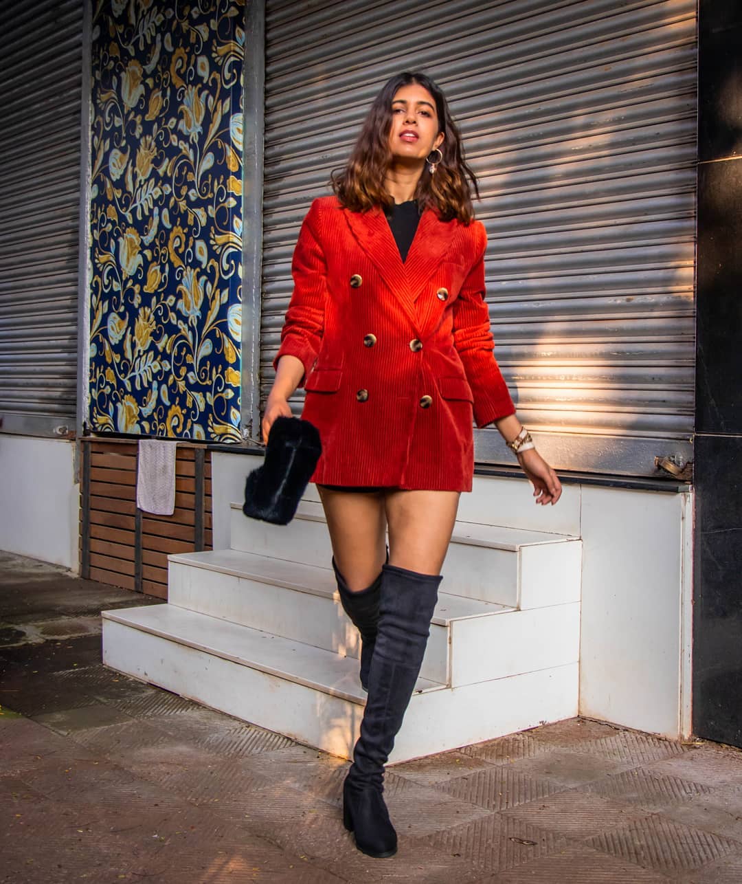 Red Corduroy Blazer with Thigh-High Boots for a Bold Winter Look — Winter Party Outfits