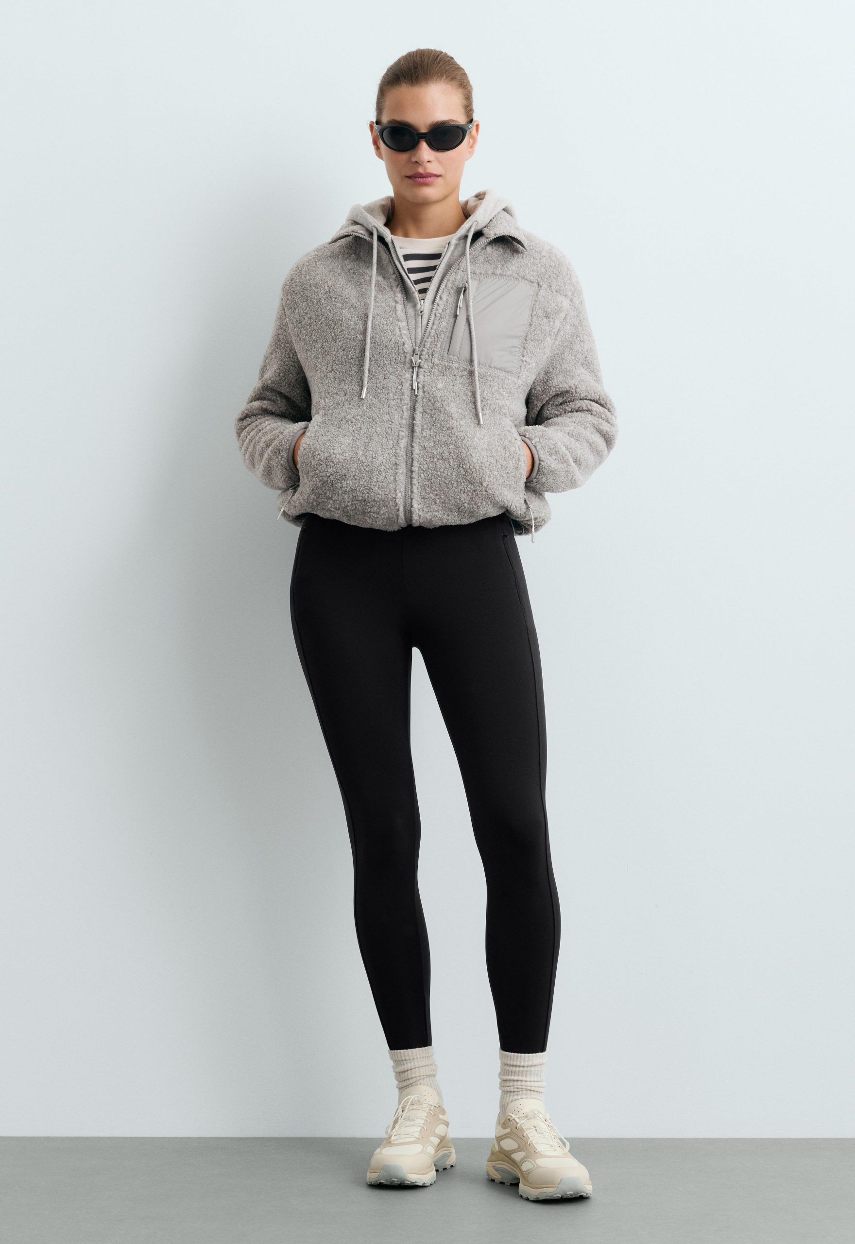 Striped Tee and Grey Fleece Hoodie for Layered Outdoor Comfort — Winter Workout Outfits