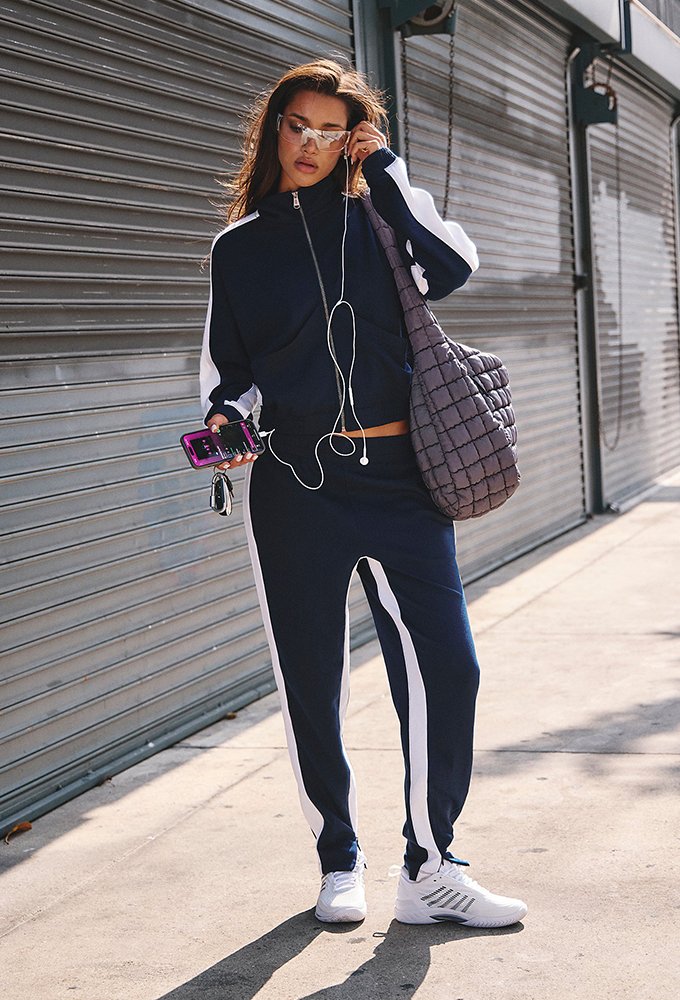 Navy Tracksuit with Clear Glasses for Athleisure Appeal — Winter Workout Outfits