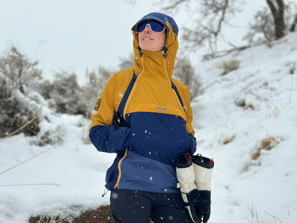 Mustard Yellow and Navy Color-Blocked Hooded Jacket — Winter Hiking Outfits
