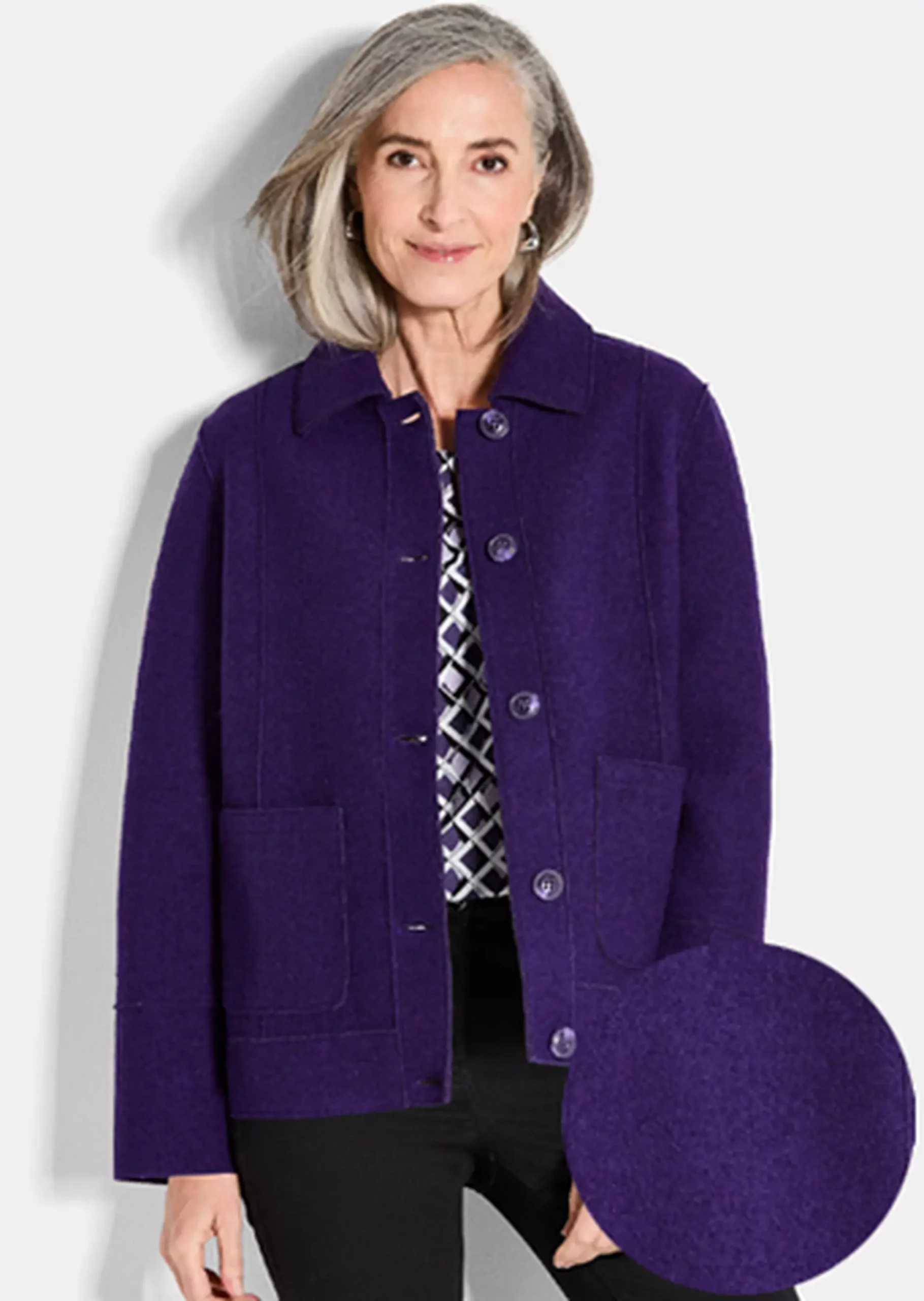 Vibrant Purple Jacket with Black Trousers and Patterned Blouse Vibrant Purple Jacket with Black Trousers and Patterned Blouse β Winter Outfits for Women Over 70