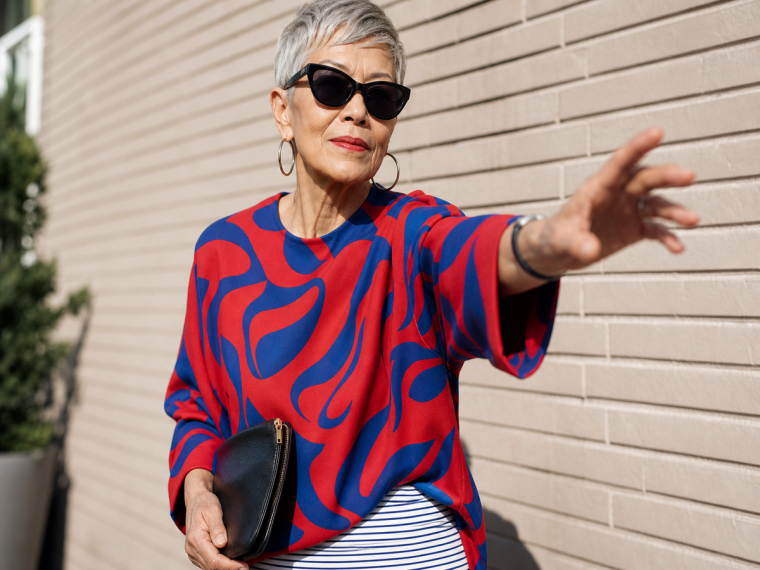 Abstract Print Silk Top with Striped Base Layer Abstract Print Silk Top with Striped Base Layer β Winter Outfits for Women Over 70