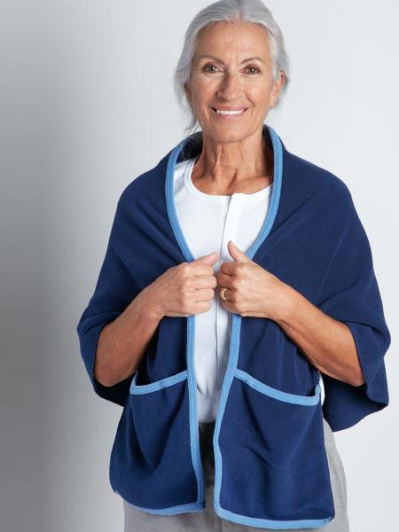 Navy Fleece Cape Over a White Collared Shirt Navy Fleece Cape Over a White Collared Shirt β Winter Outfits for Women Over 70
