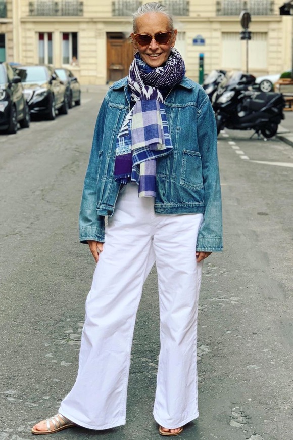 Denim Jacket with Wide-Leg White Pants and Plaid Scarf Denim Jacket with Wide-Leg White Pants and Plaid Scarf β Winter Outfits for Women Over 70