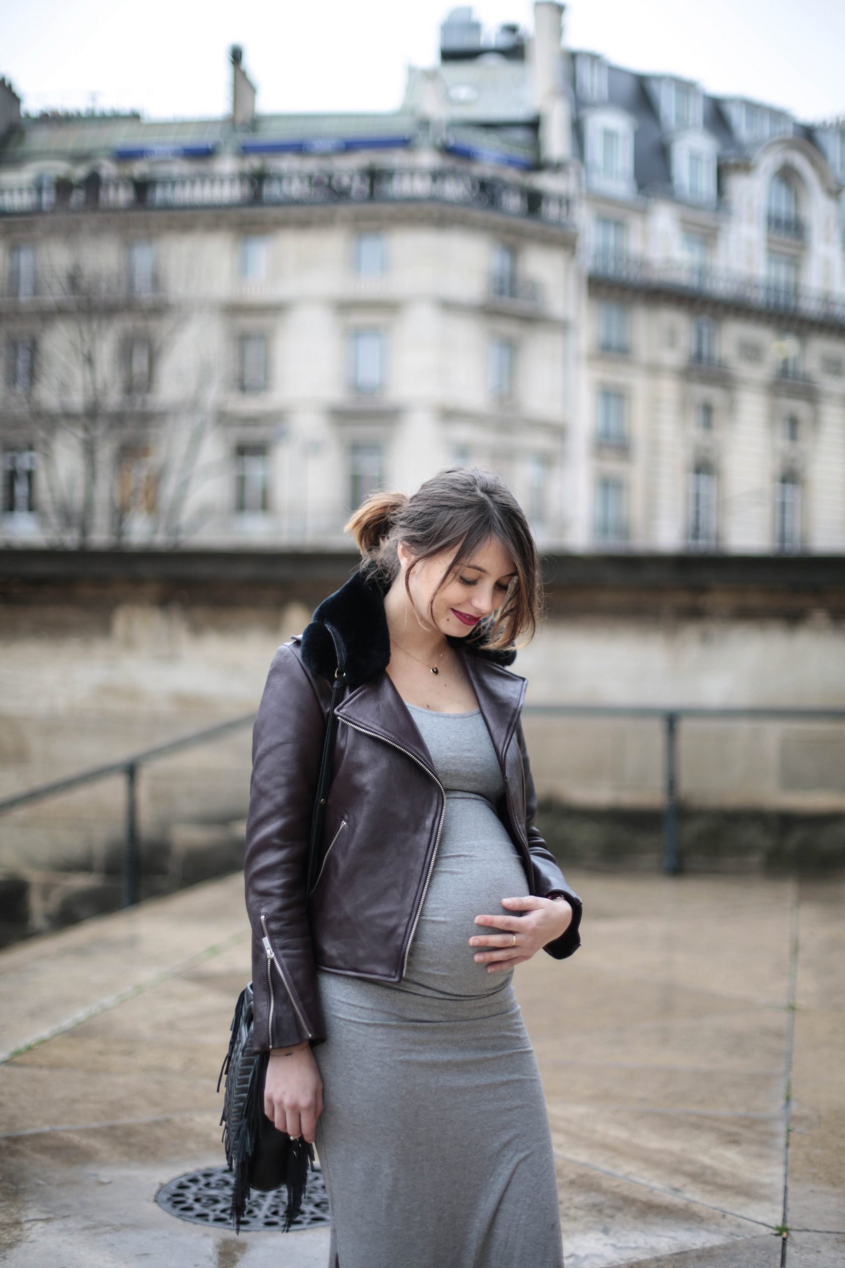 Grey Maxi Dress with Shearling Collar Leather Jacket Grey Maxi Dress with Shearling Collar Leather Jacket β Winter Maternity Outfits
