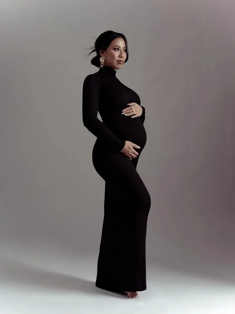 Sleek Black Turtleneck Maxi Dress for Evening Elegance Sleek Black Turtleneck Maxi Dress for Evening Elegance β Winter Maternity Outfits