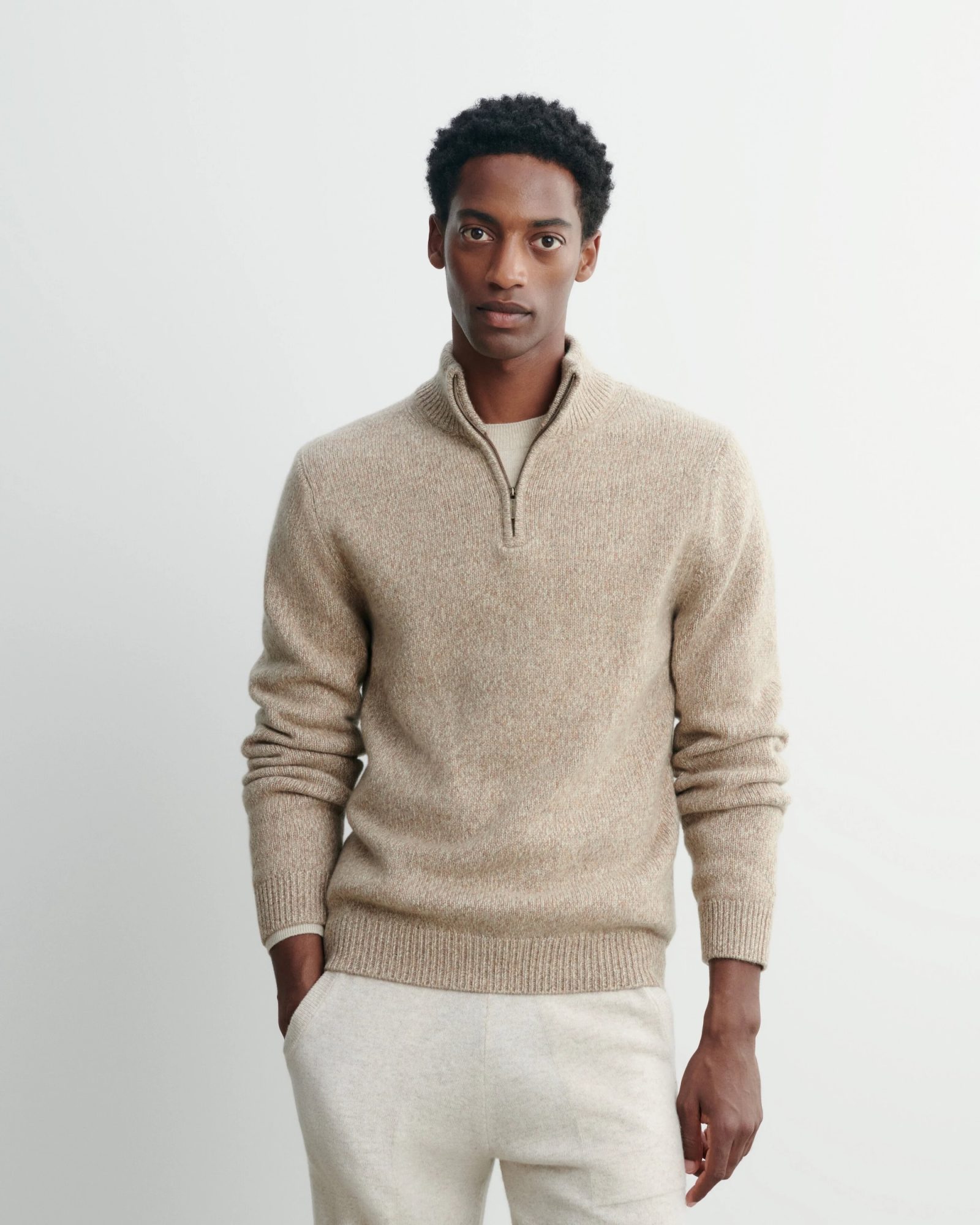 Monochromatic Beige Knitwear Ensemble Monochromatic Beige Knitwear Ensemble β Winter Outfits for Men