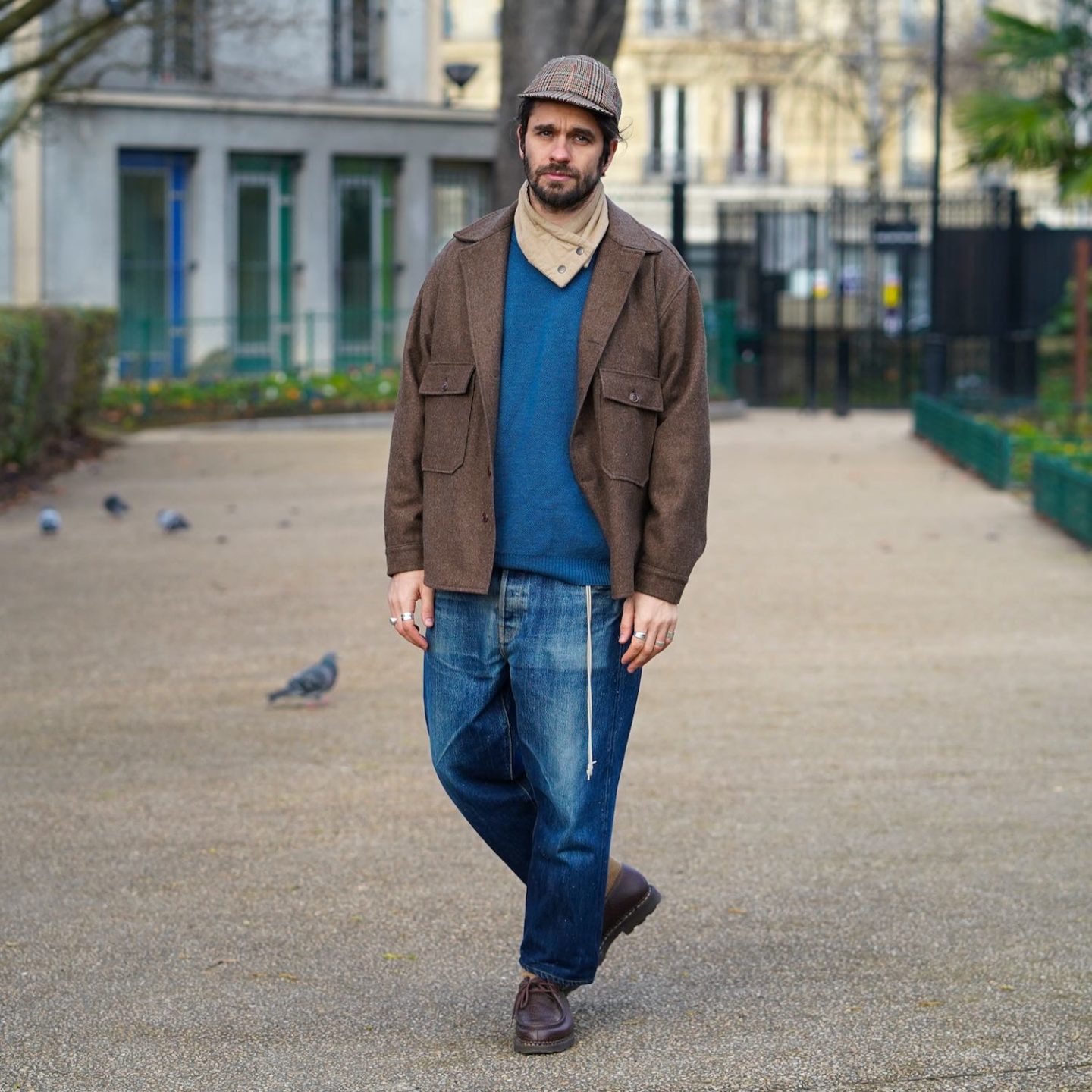 Earthy Overshirt Ensemble with Plaid Cap and Loafers Earthy Overshirt Ensemble with Plaid Cap and Loafers β Winter Outfits for Men
