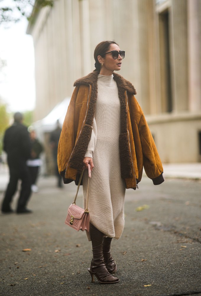 Shearling-Lined Bomber Jacket with Knit Dress Shearling-Lined Bomber Jacket with Knit Dress β Minimalist Winter Outfits