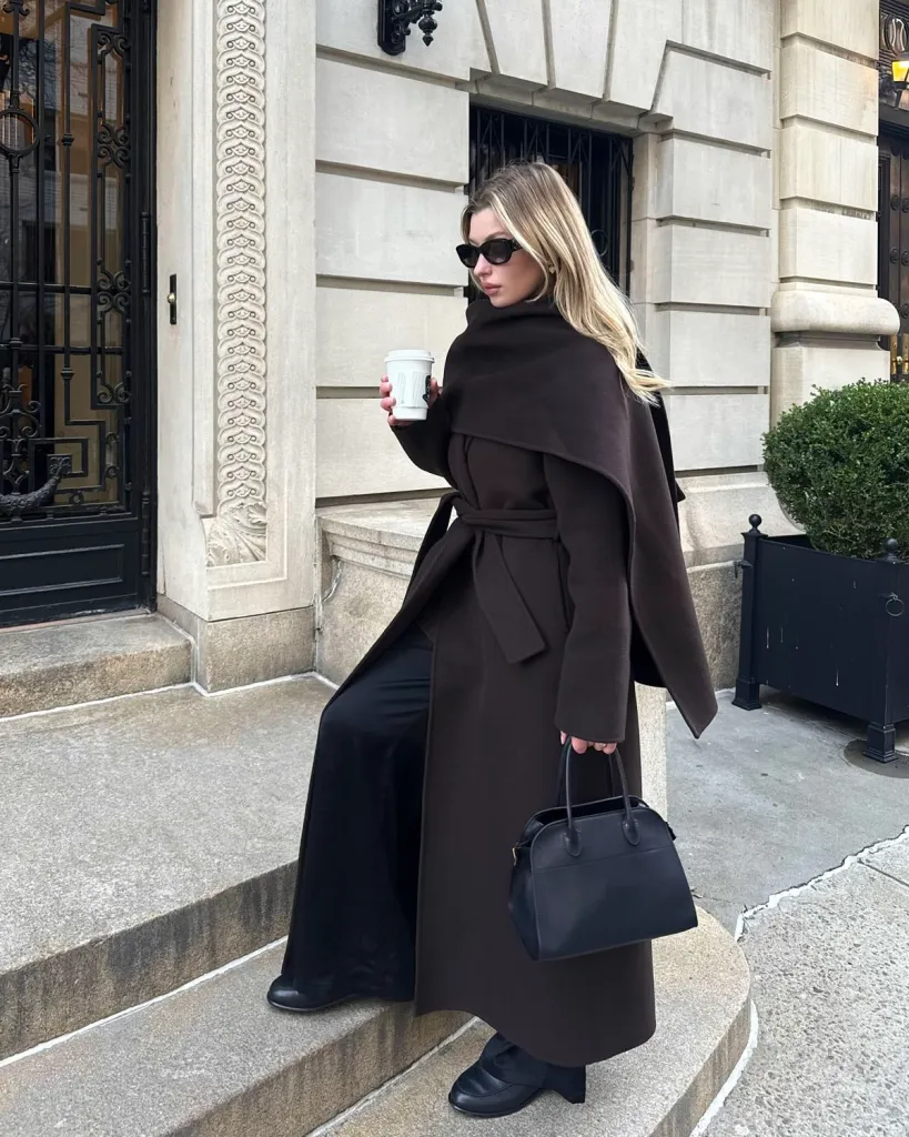 Dark Brown Wool Wrap Coat Over Black Trousers Dark Brown Wool Wrap Coat Over Black Trousers β Minimalist Winter Outfits