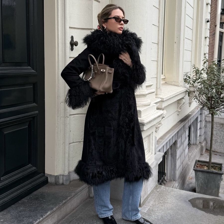 Fur-Trimmed Black Coat Over Denim Fur-Trimmed Black Coat Over Denim β Winter Streetwear Outfits