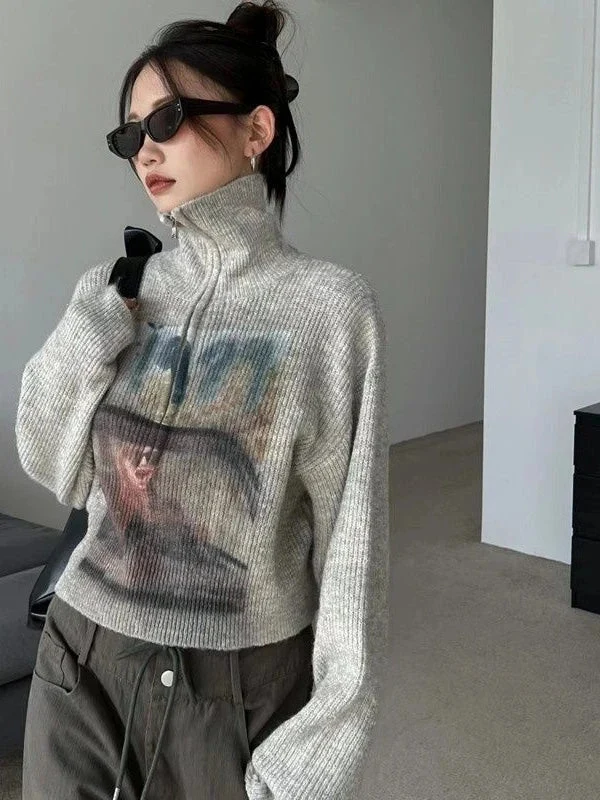 Grey Knit Half-Zip Sweater with Graphic Print Grey Knit Half-Zip Sweater with Graphic Print β Y2K Winter Outfits