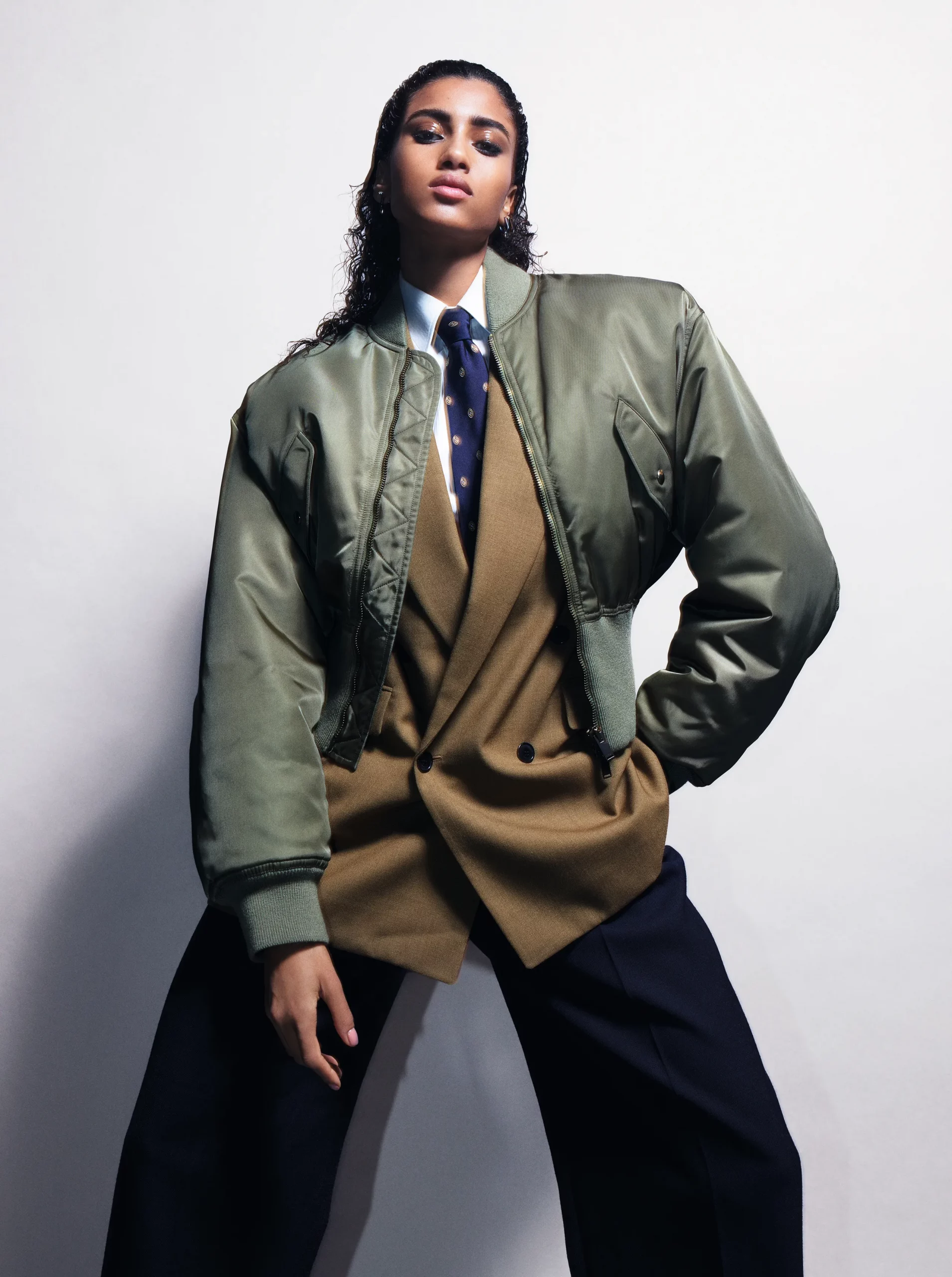 Bomber Jacket Over Blazer with Wide-Leg Trousers Bomber Jacket Over Blazer with Wide-Leg Trousers β Baddie Winter Outfits