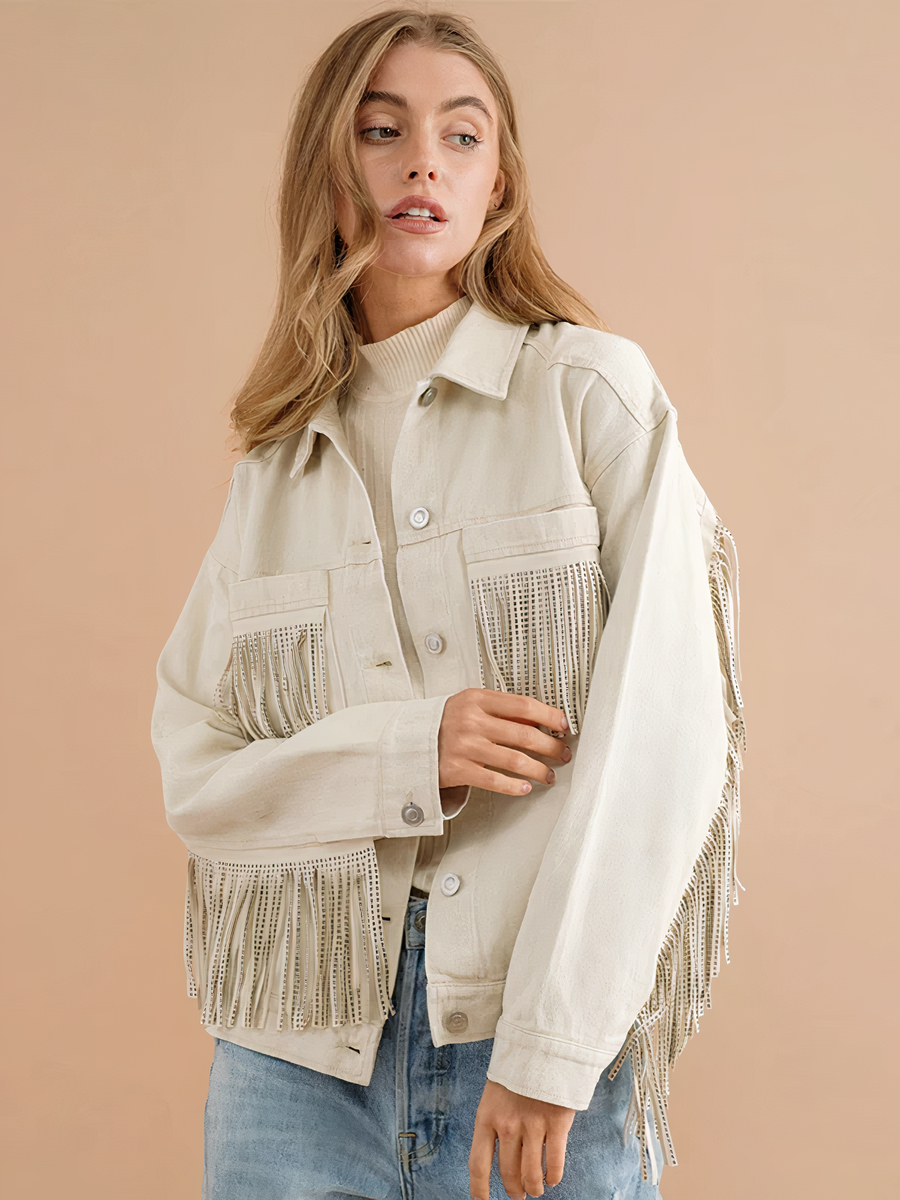 Silver-Fringed Denim Jacket Over a Cream Turtleneck Silver-Fringed Denim Jacket Over a Cream Turtleneck β Western Winter Outfits