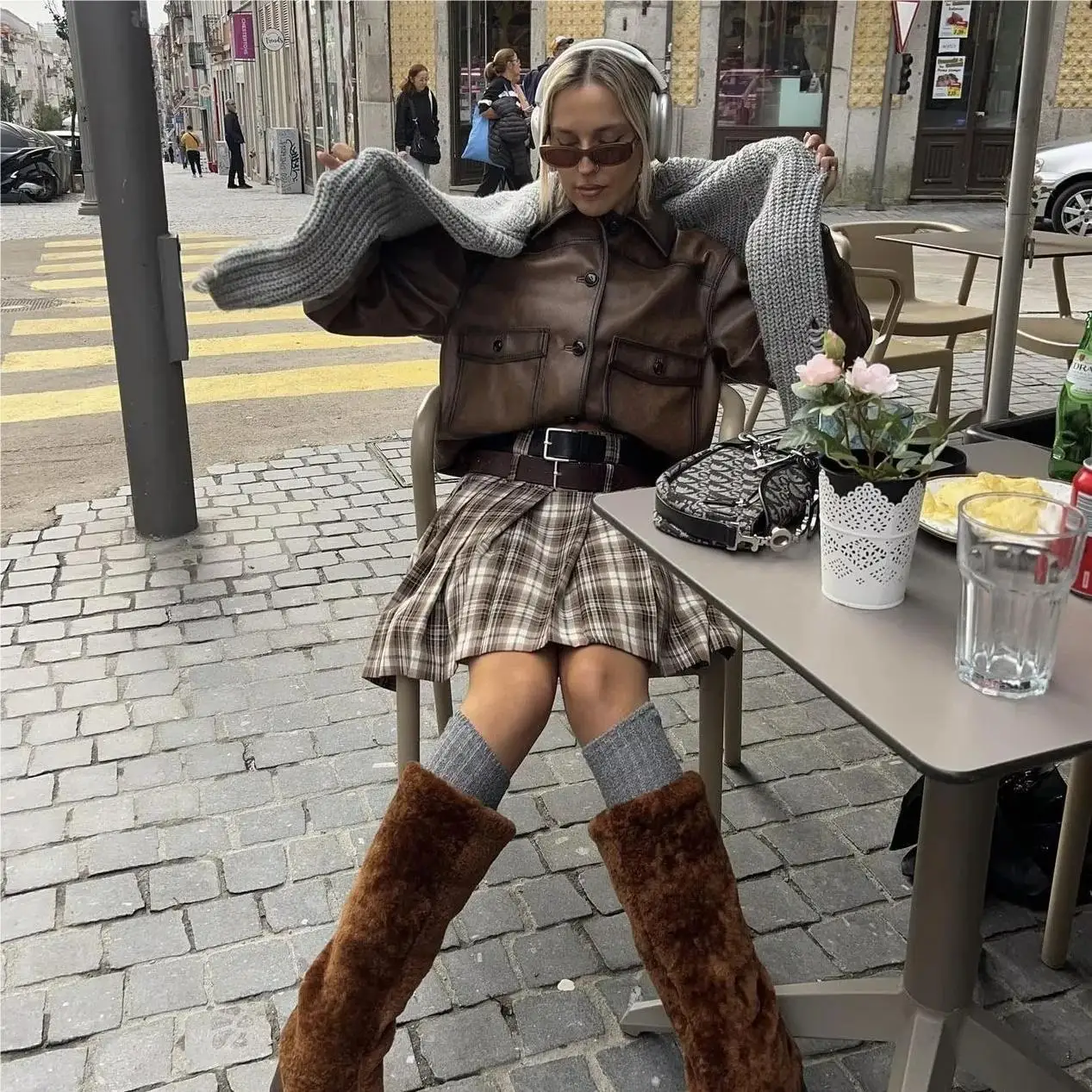 Brown Leather Jacket with Plaid Mini Skirt Brown Leather Jacket with Plaid Mini Skirt β Y2K Winter Outfits