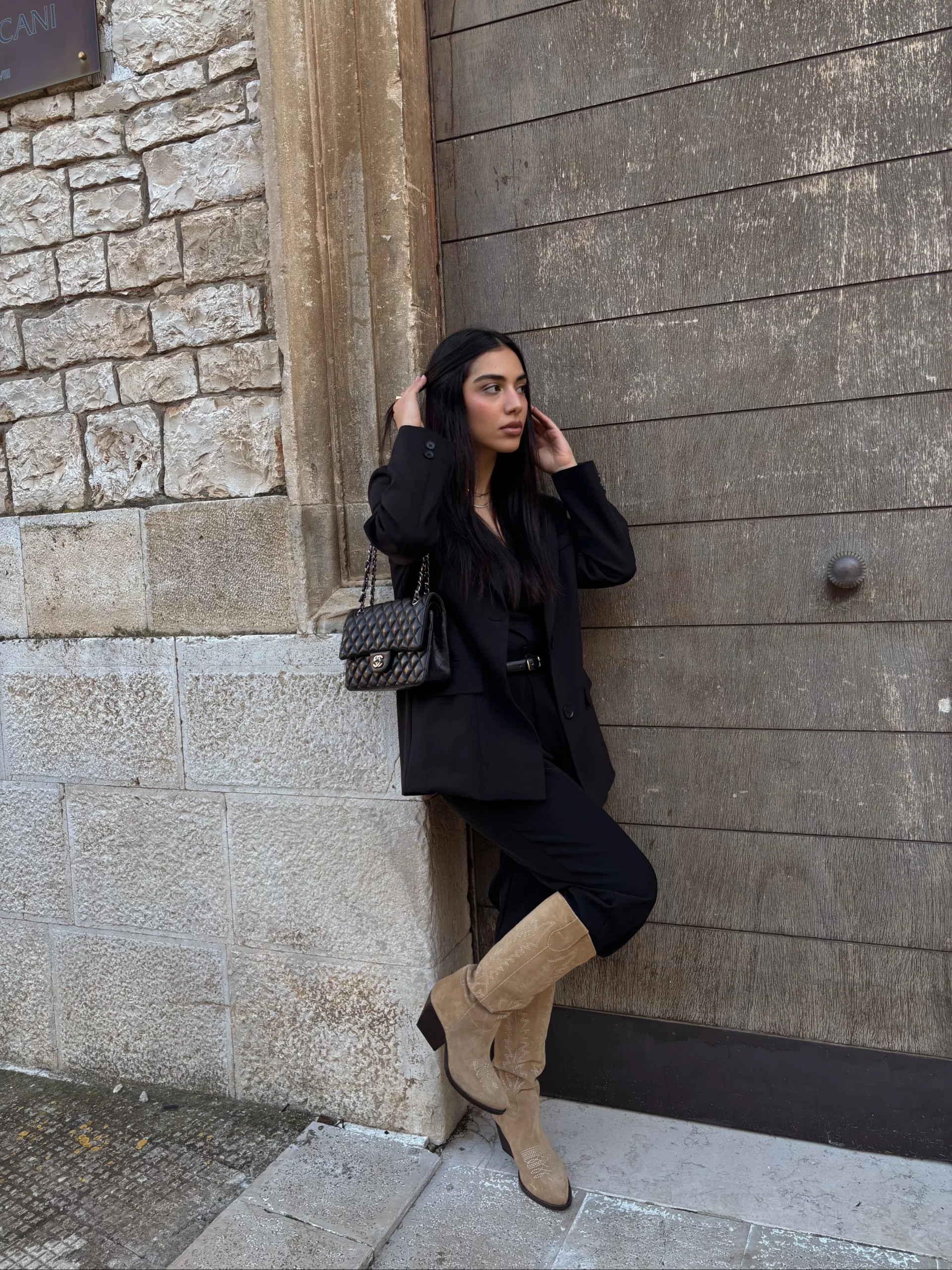 Tan Suede Cowboy Boots with a Black Blazer and Top Tan Suede Cowboy Boots with a Black Blazer and Top β Winter Boots Outfits