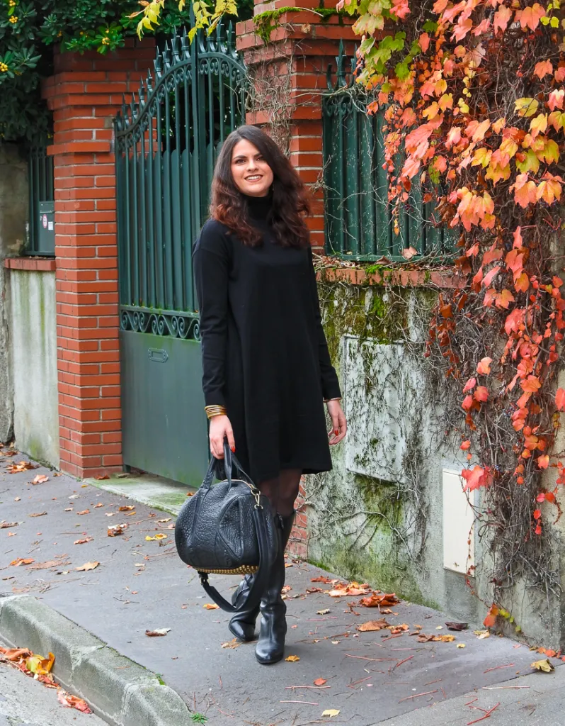 Classic Black Shift Dress with Knee-High Boots and Tights — Winter Dress Outfits