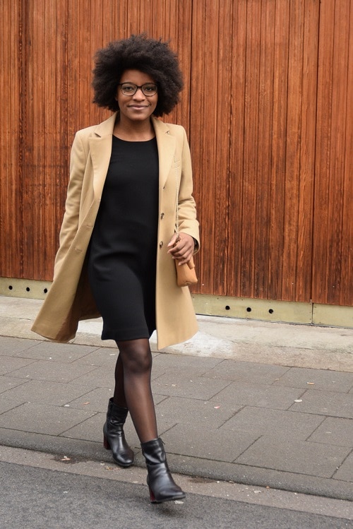Winter Work Attire: Black Dress with Camel Coat and Ankle Boots — Winter Dress Outfits