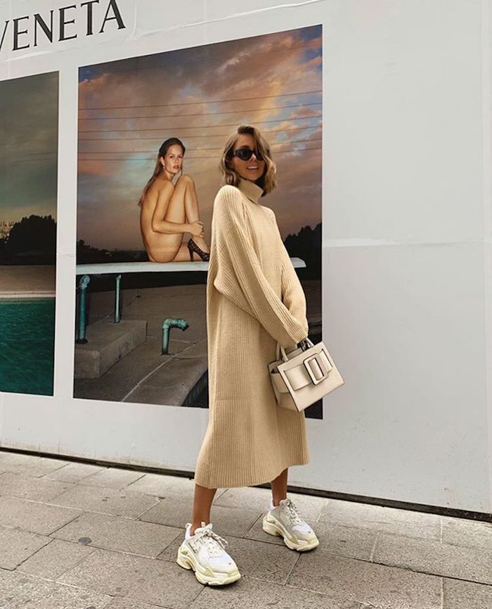 Relaxed Beige Knit Maxi Dress with Chunky Sneakers — Winter Dress Outfits
