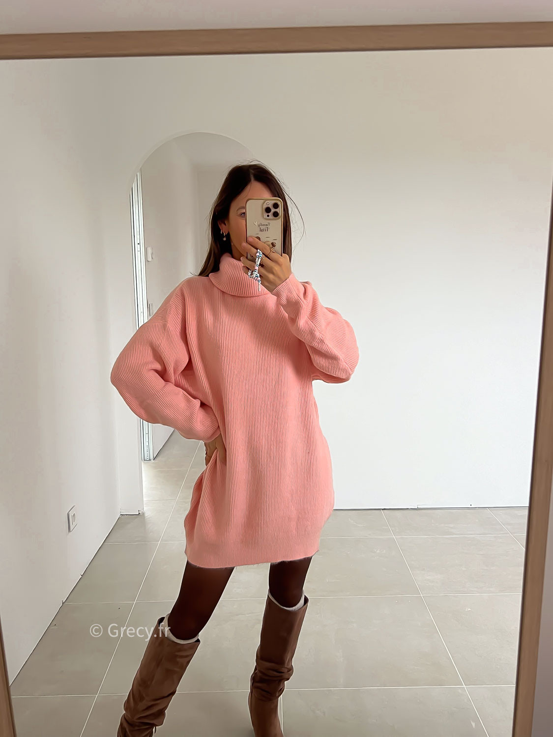 Cozy Pink Turtleneck Sweater Dress with Brown Accents — Winter Dress Outfits