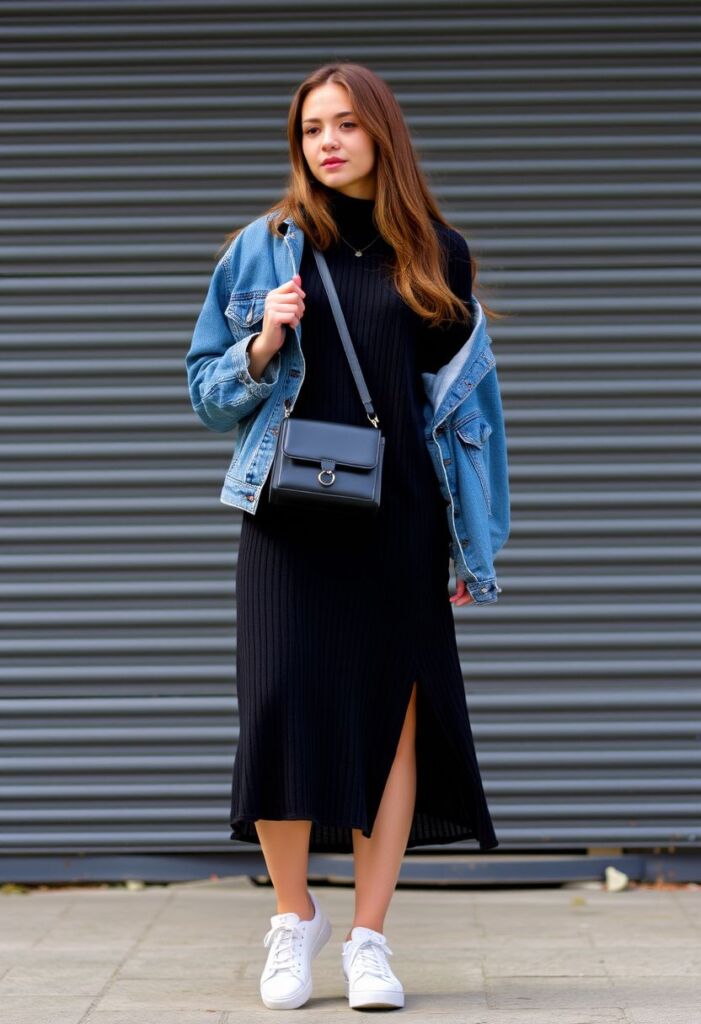 Casual Day Out: Black Ribbed Dress with Denim Jacket — Winter Dress Outfits