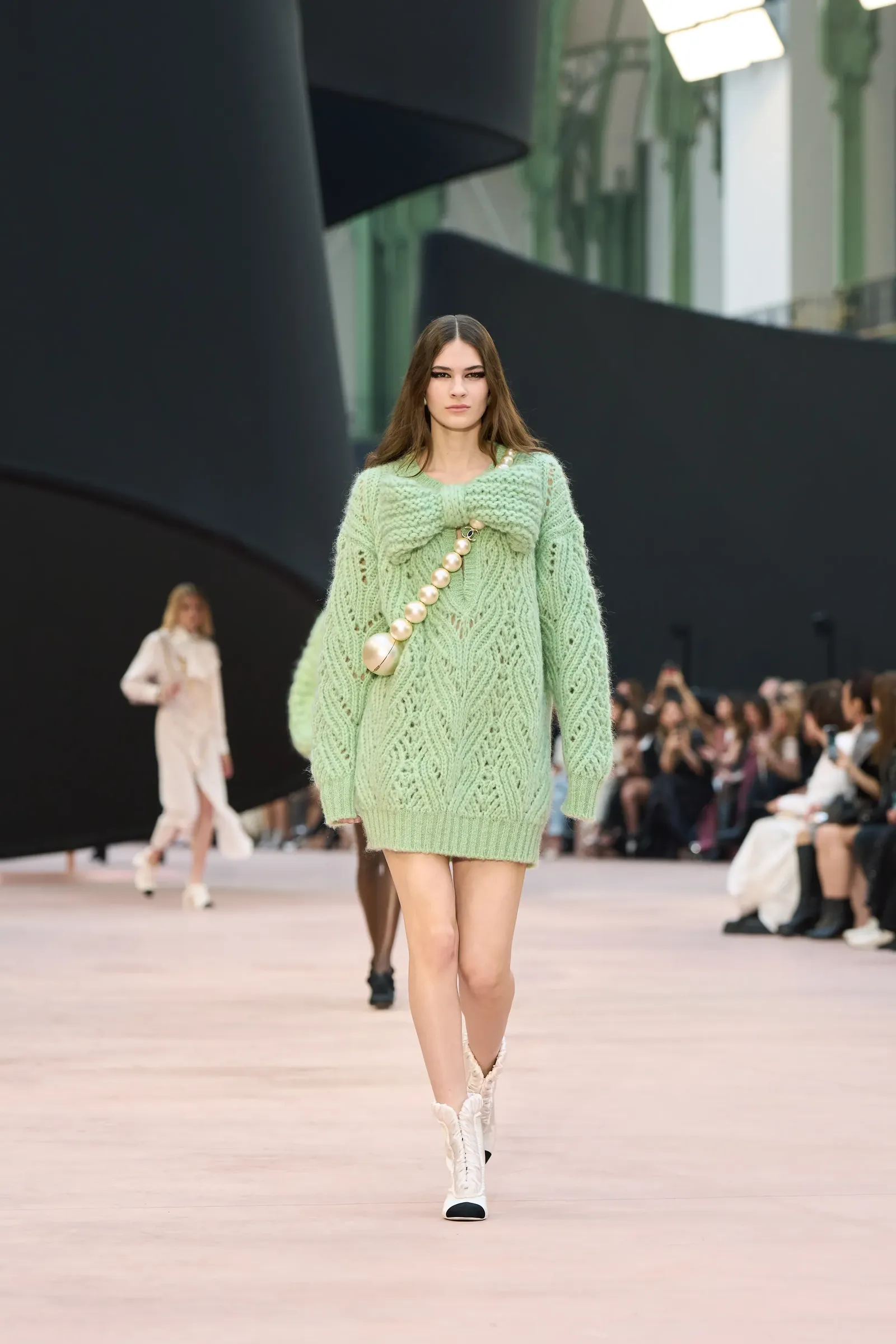 Whimsical Mint Green Cable-Knit Sweater Dress with Bow Detail — Winter Dress Outfits