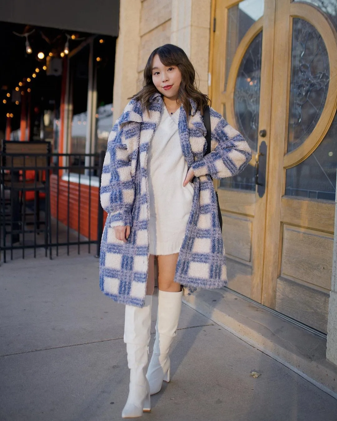 Cozy Plaid Coat Over a White Knit Mini Dress Ensemble — Winter Dress Outfits