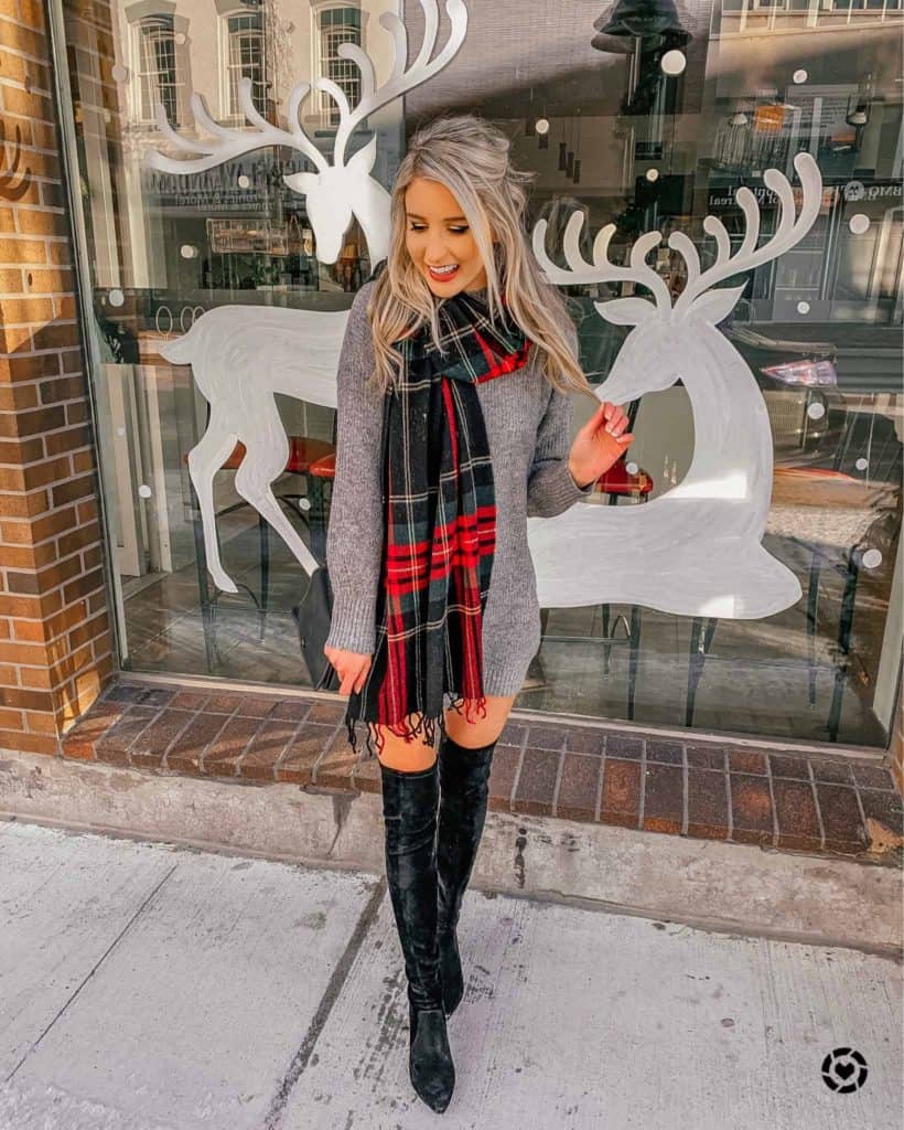 Oversized Grey Sweater Dress with Plaid Scarf Accent — Winter Dress Outfits
